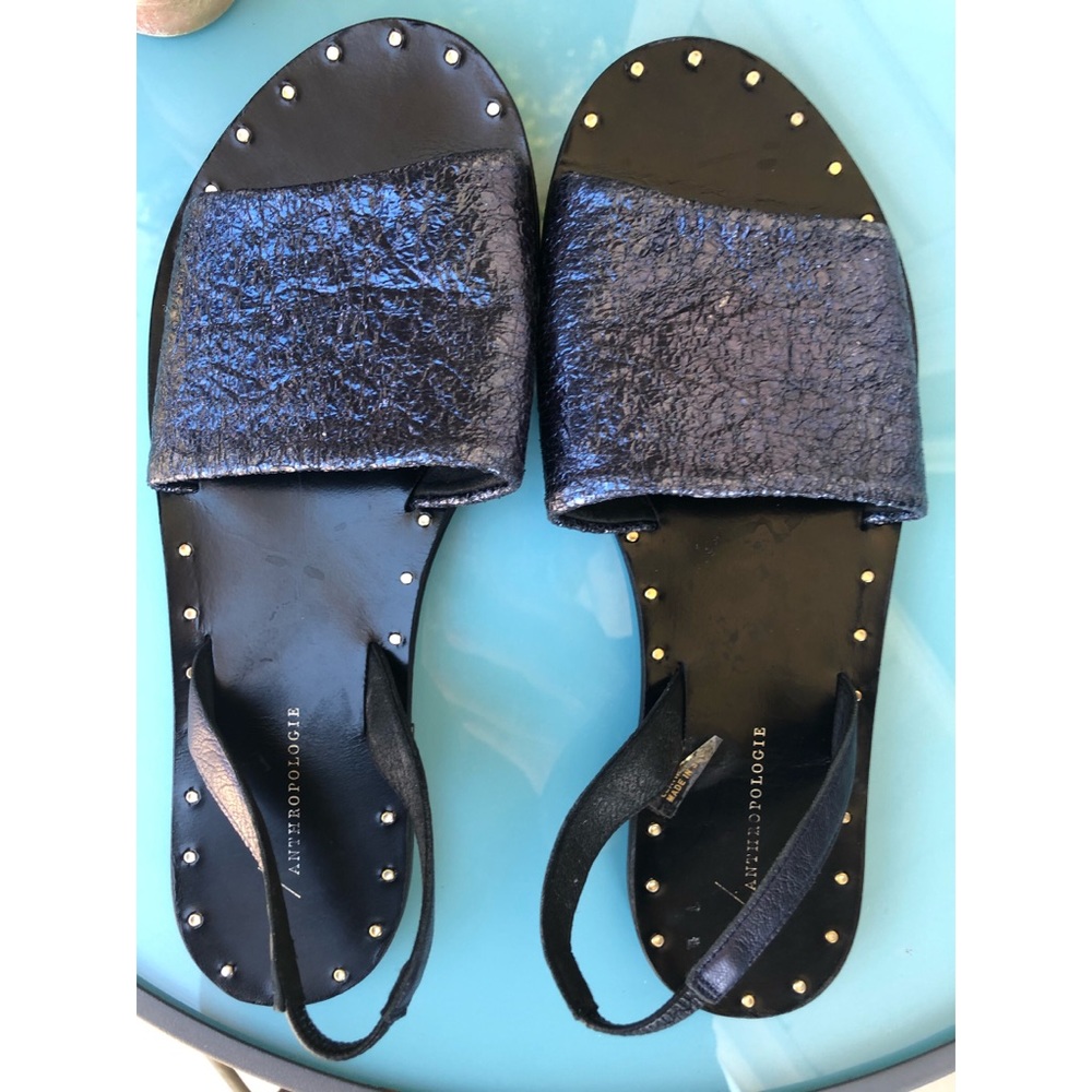 ANTHROPOLOGIE Flat Blue Sandals Leather Soles 39